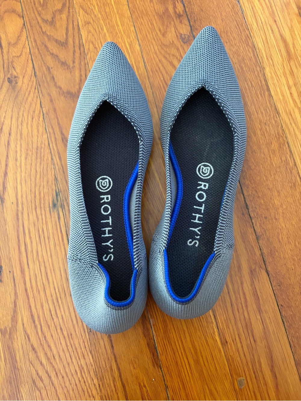 Rothy's Gray Pointed-Toe Knit Flats with Blue Trim